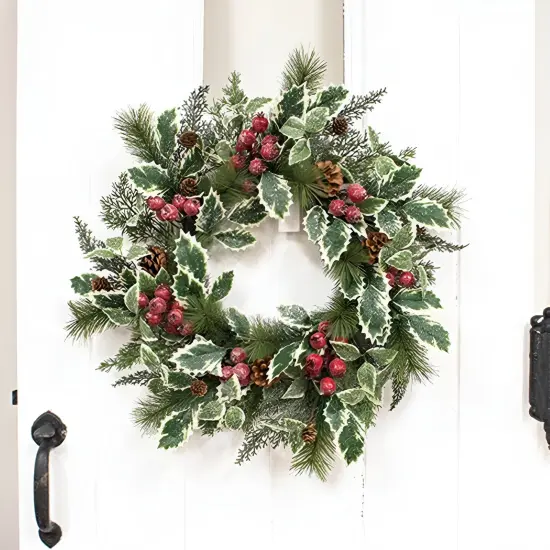 24 Inch Artificial Christmas Wreath with Pinecones Berries and Holly {3}