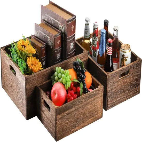 Set of 3 Wood Nesting Storage Crates with Handles, Decorative Farmhouse Wooden Crates Storage Containers Rustic Handmade Natural Solid Wood Basket {3}