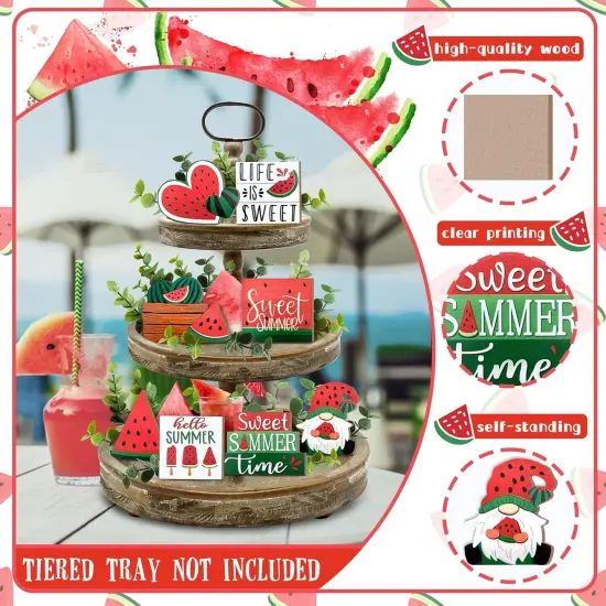 Summer Tiered Tabletop Decor, Farmhouse Watermelon Tray Decorations, Hello Summer Sweet Watermelon Gnome Wooden Signs, Rustic Summer Home Decor for Table Mantel Office Holiday Party {2}