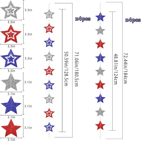 8 Pack Patriotic Star Banner Garland - Glitter Red White Blue Hanging String Garlands for 4th of July, Memorial Day, Independence Day, Veterans Day Party, Holiday Decorations, Labor Day, Party Decor {2}