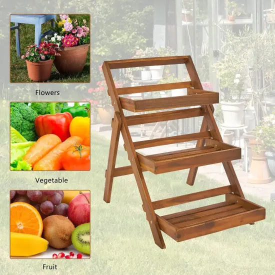 3-Tier Foldable Acacia Wood Plant Stand Display Rack {4}