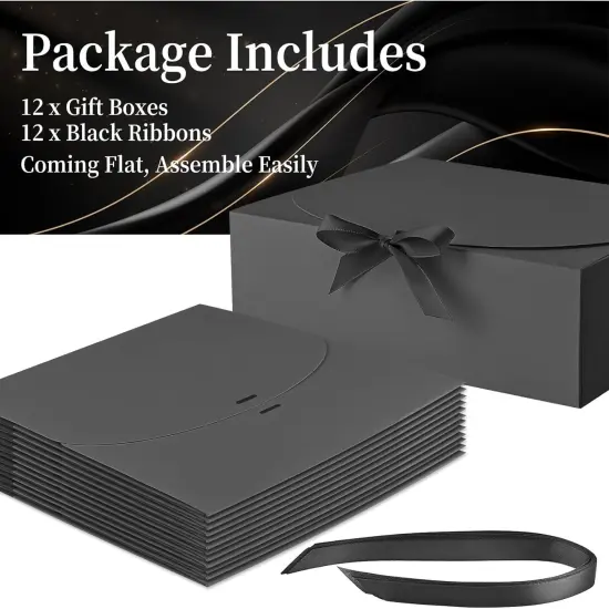 12 Pack Gift Boxes with Lids, 10.6x7.8x3.1 Inch Black Paper Gift Box with Ribbon, Bridesmaid Proposal Box {2}