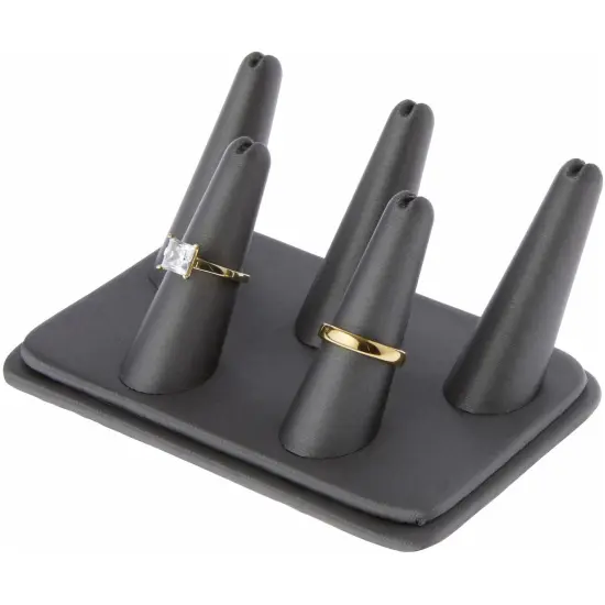 Plymor Gray Faux Leather Ring Finger Display, Five on Rectangular Base, 5.25" W x 3.625" D x 2.25" H {3}