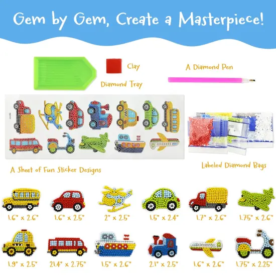 Wrapables Diamond Art Kits, 5D Gem Painting DIY Arts & Crafts Stickers, 12pcs Vehicles {2}