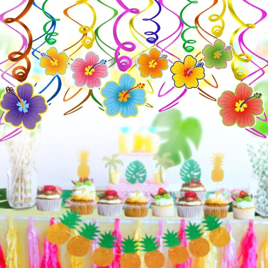 30 Pcs Hawaiian Tropical Luau Birthday Party Hanging Swirls Hibiscus Swirls Flower Foil Swirl Decorations Ceiling Decorations for Tiki Cocktail Beach Summer Party Decoration Supplies {3}
