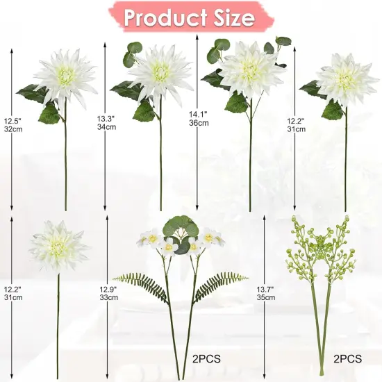 Summer Artificial Dahlia Flowers 14.1" &ndash; Realistic White Silk Dahlias & Daisies &ndash; Faux Floral Arrangement for Vase, Tabletop Decor, Wedding, DIY Bridal Bouquet, Party & Home D&eacute;cor {2}