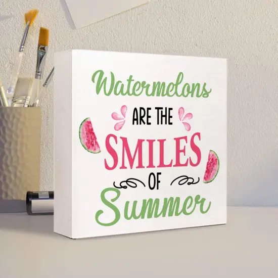 Watermelons are The Smiles of Summer Wooden Plaque Sign Desk Decor,Rustic Summer Watermelon Wood Block Sign Desk Decorations for Country Home Kitchen Farm Garden Shelf Table Decor {4}