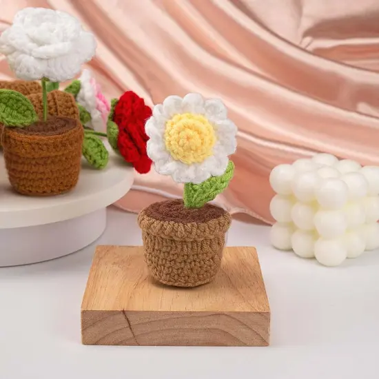 Handmade Crochet Flowers,Small Potted Knitted Desk Decorations Home Decoration Car Dashboard Decorations Crochet Artificial Flower (Daisy) {3}