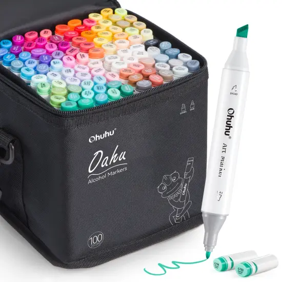 Ohuhu Oahu 100 Colors Alcohol-Based Markers - Dual Tip Chisel & Fine {1}