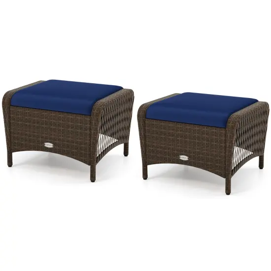 Set of 2 Outdoor PE Wicker Ottomans with Removable Cushions and Metal Frame Beige {7}