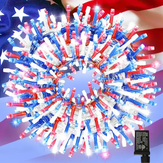 66ft Patriotic String Lights - Red White Blue Mini Lights, 200 LED Transparent Wire Fairy Starry String Lights Plug in, 11 Lighting Modes for Outdoor Tree Party Decoration (Red White Blue) {1}