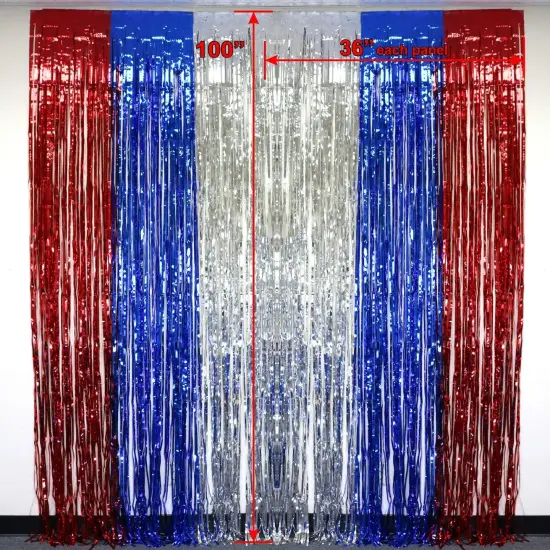 2 Pack 36" X 100" Red White Blue Metallic Foil Fringe Curtain for Patriotic Theme Party, Birthday Party, 4th of July Decorations, Tinsel Backdrop, Photo Booth Props {5}