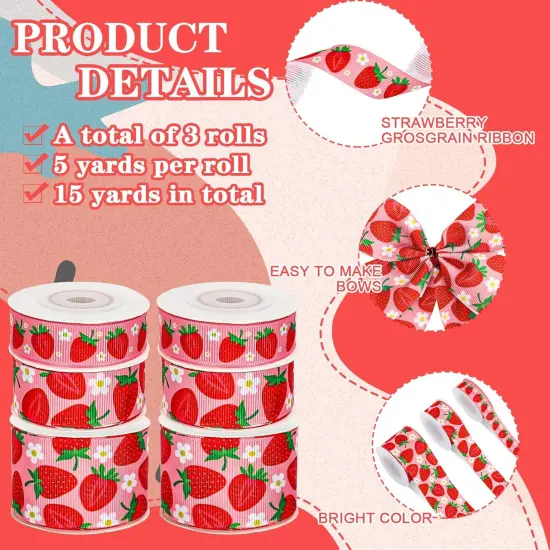 3 Roll Strawberry Grosgrain Ribbon Summer Fruit Ribbon for Wreath Bow Craft Gift Wrap Party Decor, 15 Yards {2}