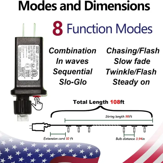 4th of July Decorations 300 LED Red White and Blue String Lights Plug-in, 8 Modes 108ft Independence Day Fairy Lights for Patriotic Party Decor Indoor Outdoor {4}