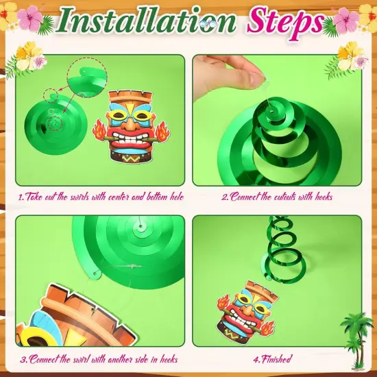 56 Pcs Summer Hawaiian Hanging Decorations with Lights Tropical Luau Hanging Swirls Tiki Flower Palm Flamingo Beach Cutouts Aloha Ceiling Streamers {3}