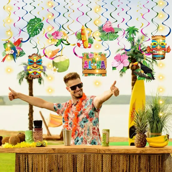 56 Pcs Summer Hawaiian Hanging Decorations with Lights Tropical Luau Hanging Swirls Tiki Flower Palm Flamingo Beach Cutouts Aloha Ceiling Streamers {5}