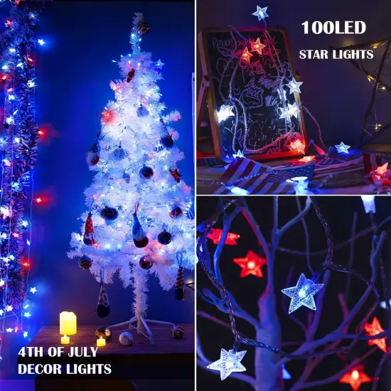 4th of July Decor Lights, Red White Blue Lights Battery Operated 100LED Patriotic Star String Lights 51FT 8Mode Waterproof for Indoor Outdoor 4th of July Independence Day Memorial Day Decor {2}