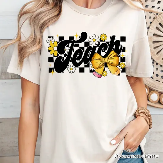 Teach Checkered Coquette Bow T-Shirt, White and Natural Retro Tee for Trendy Teachers {2}