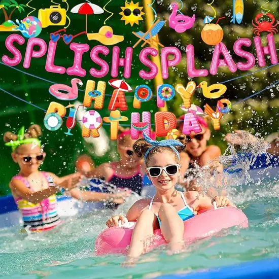 Girls Pool Party Happy Birthday Banner Pool Party Balloons Decoration Summer Birthday Decorations Splish Splash Birthday Decorations Beach Birthday Party Decorations {4}