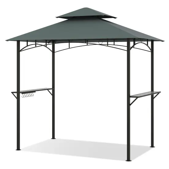 Multi-functional Outdoor Double-Tiered Grill Gazebo Canopy with 2 Side Shelves and 7 Hooks Coffee {7}