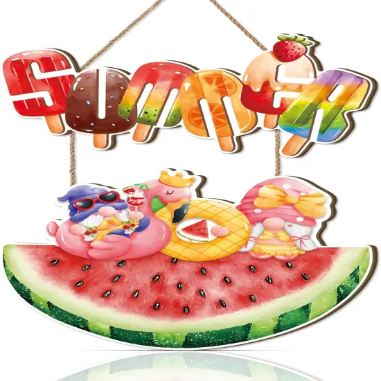 Hello Summer Door Sign,Watermelon Door Hanger,Summer Welcome Wood Decor,Watermelon Gnome Hanging Decor,Popsicle Ice Lolly Ice Cream Wall Plaque for Outdoor Home Office Yard Porch Pool Party {1}