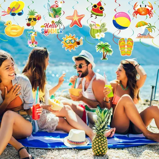 35Pcs Summer Pool Beach Hanging Swirl Decor, Hello Summer Beach Party Decorations Summer Themed Hawaiian Luau Party Swirls Streamers Ceiling Supplies for Boys Girls Kids Baby Shower Decorations {5}
