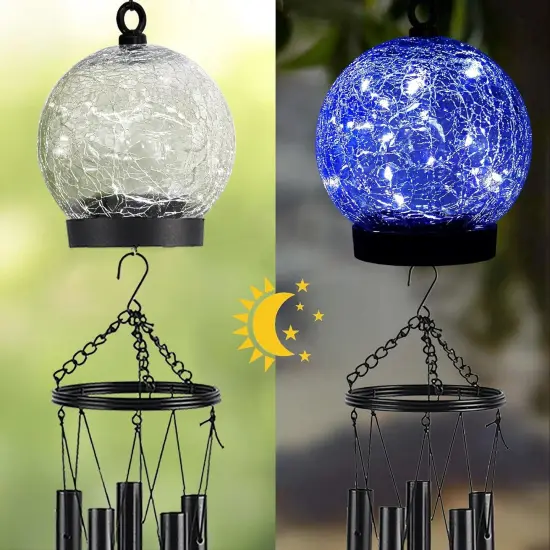 Wind Chimes Outdoor Solar Lights, 42 Inch Large Sympathy Chime 15 Blue LEDs Crackled Glass Ball Birthday Gifts for Women Decorative Hanging in Garden, Yard, Patio, Landscape {4}