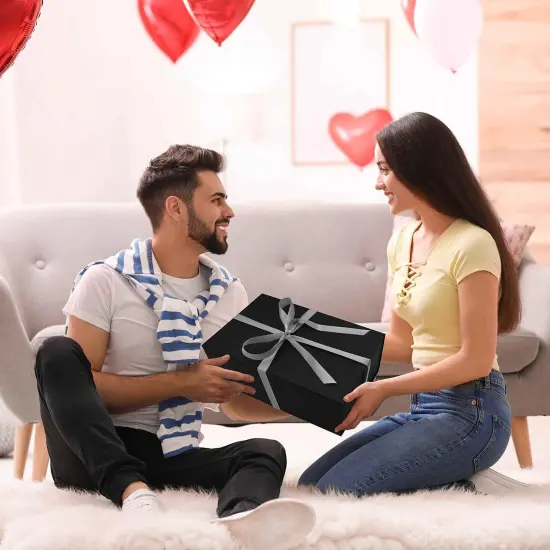 3 Pack Large Gift Box for Present, 12.5 x 8.5 x 4.75 Inches, Black Gift Box with Magnetic Lid, Collapsible Gift Box with Ribbons, Gift boxes with Lids {5}