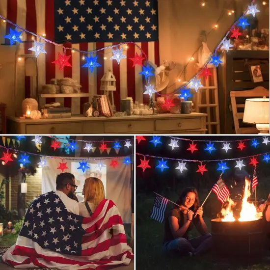 50 LED Red White and Blue String Lights Outdoor Battery Powered, 4th of July Decorations Star Lights with Remote, 8 Modes Patriotic Decor Waterproof for Independence Memorial Day National Day {4}