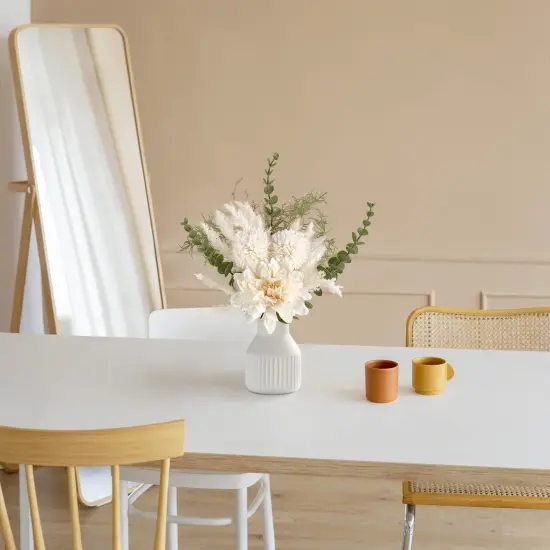 Small Artificial Flowers in Ceramic Vase 13.5" Centerpieces Coffee Table Decor, Silk Flower Arrangements for Home Decor Indoor Fake Flower Bouquet for Dining Room Kitchen Wedding, White {2}