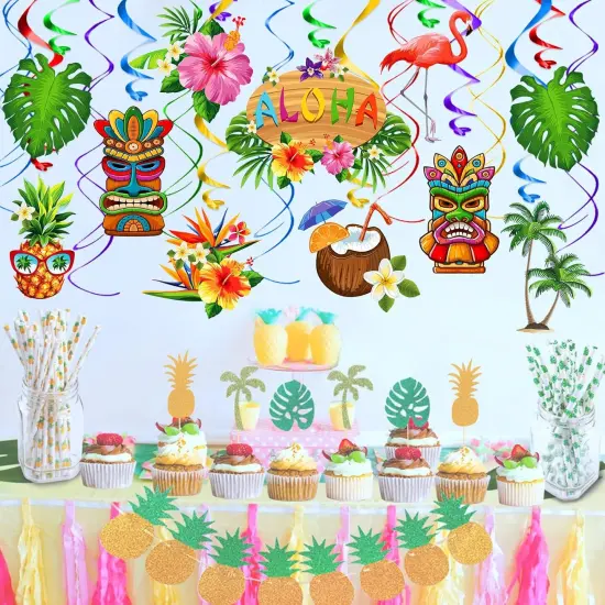 FRIDAY NIGHT 36pcs Luau Aloha Party Hanging Swirl Decorations Hawaiian Tropical Flower Palm Flamingo Sign Foil Ceiling Decor {5}
