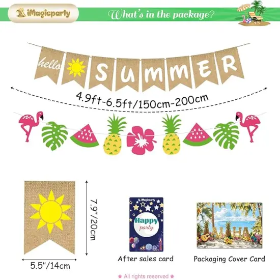 Hello Summer Banner Decorations, 17pcs Burlap Hawaiian Beach Tropical Summer Banner Garland with Watermelon Flamingo Pineapple Palm Leaves Party Decorations {3}