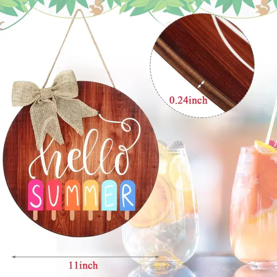 Hello Summer Sign 12 x 12 Inch Summer Welcome Sign Front Door Decor Farmhouse Porch Decoration Round Wooden Hanging Sign for Home Beach Restaurant Shop {2}