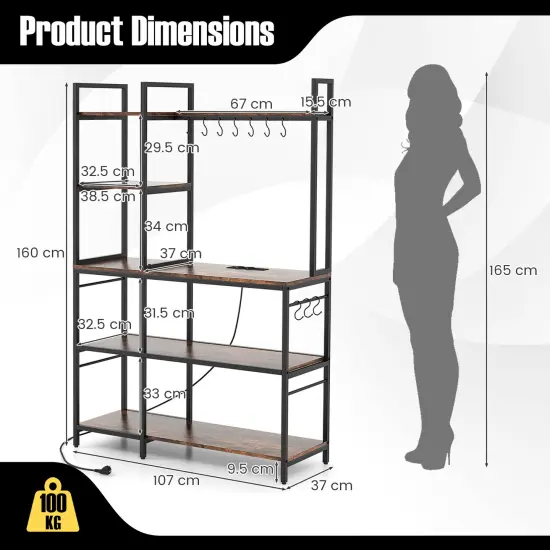 Metal and Wood Kitchen Backers Rack with Charging Ports, 5 Tiers and Anti-Tip Safety Rustic Brown {5}