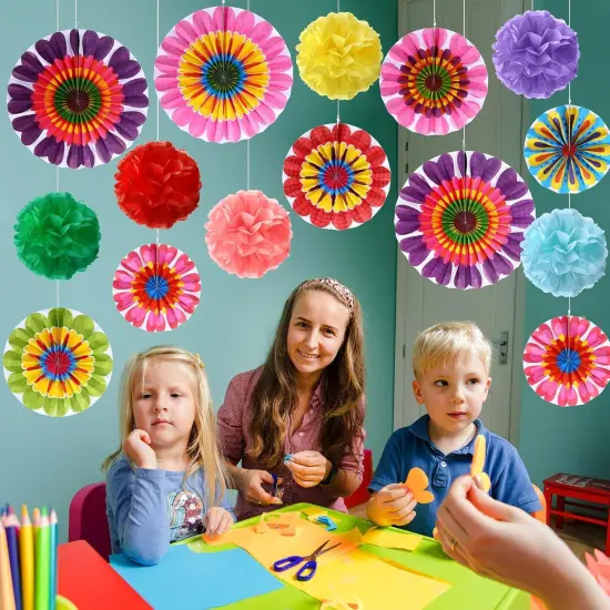 21 Pcs Summer Flower Hanging Paper Fans Flower Paper Fans Classroom Decorations Summer Tissue Pom Poms {5}