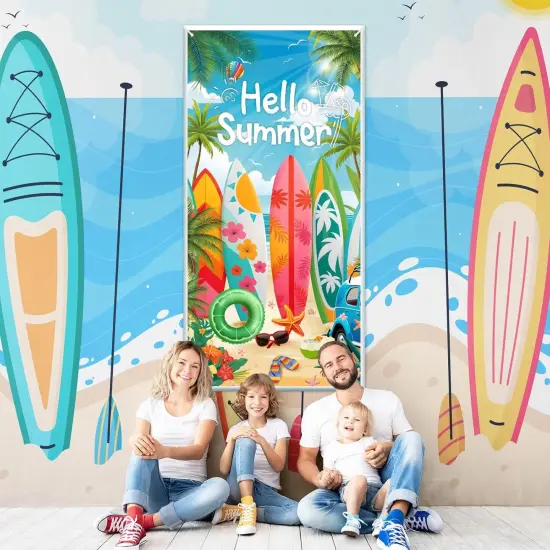 Hello Summer Beach Door Banner Decorations Surfboard Summer Door Banner Hello Summer Door Cover Banner Backdrop for Front Door Summer Surfing Beach Pool Birthday Holiday Party Supplies Indoor Outdoor {3}