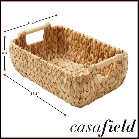 Casafield Set of 2 Water Hyacinth Seagrass Oval Storage Baskets with Wooden Handles - Woven Bin Organizers {4}