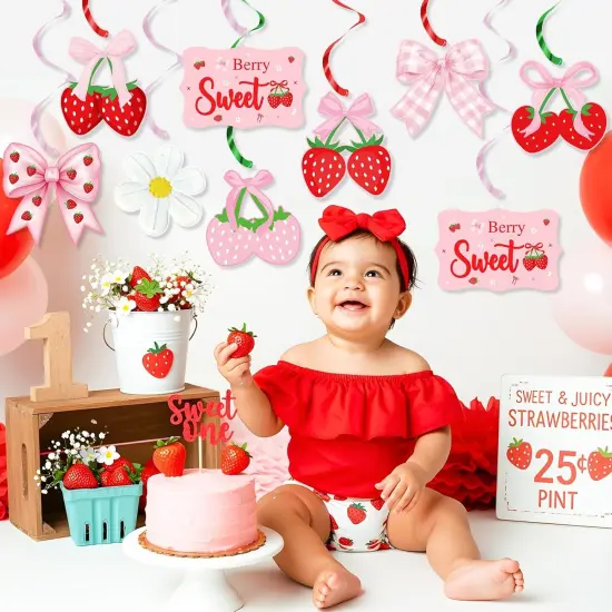 Pink Bow Strawberry Party Hanging Swirls Decorations, Berry Sweet Strawberry Theme Party Foil Ceiling Swirl for Summer {4}