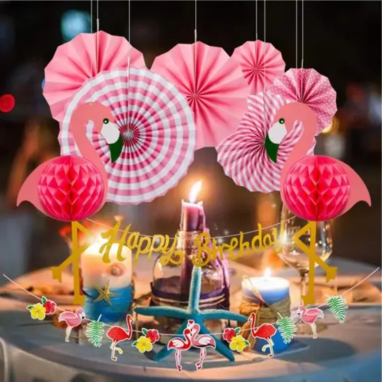 Flamingo Party Honeycomb Decoration, Hanging Pink Paper Fans, Birthday Banners, Swirl Decorations {4}