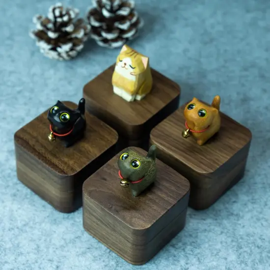 Hand-Carved Cat Wooden Ring Box {4}