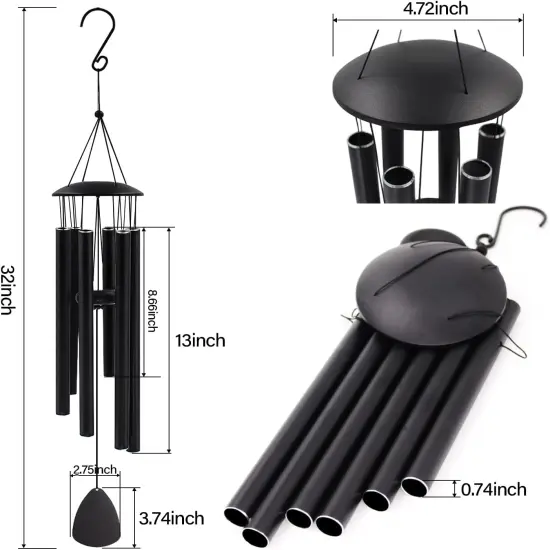 Wind Chimes for Outside, Large Aluminum Wind Chimes &ndash; Deep Tones & Soothing Melodies Ideal for Garden, Patio Decor, and Windchimes Outdoors for Loss of Loved One (32'' Black) {2}