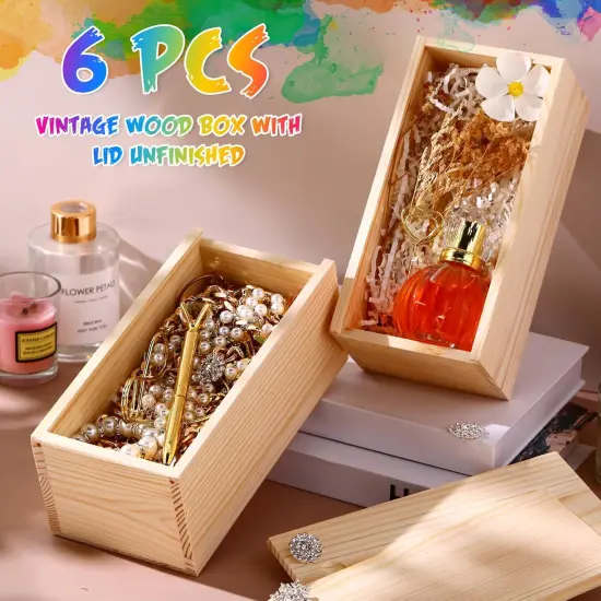 6 Pcs Unfinished Wood Boxes with Slide Lid, 8 x 4 x 3.15 Inch Small Rectangle Wooden Storage Box for Craft DIY Birthday Party Favor Gift Supplies(Wood Color) {2}