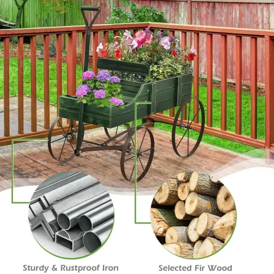 Wooden Garden Wagon Planter with Handle & Wheels Green {4}
