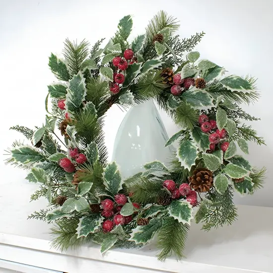 24 Inch Artificial Christmas Wreath with Pinecones Berries and Holly {2}