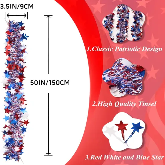 4th of July Garland Decorations,50Ft Glitter Tinsel Patriotic Decor for Tree Car Golf Cart Parade Float Bike Party Table Yard Door Boat Indoor Outdoor Holiday Home {2}