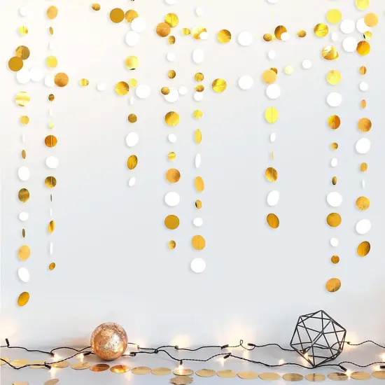 46 Ft White & Gold Circle Dot Garland &ndash; Hanging Paper Streamer for Weddings, Birthdays, Baby Showers & Parties {5}