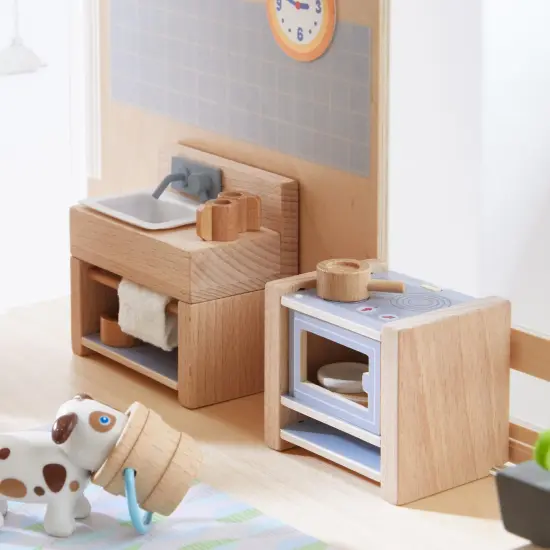 HABA Little Friends Kitchen Room Set - Wooden Dollhouse Furniture for 4" Bendy Dolls Multicolor {5}