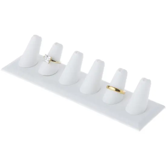 Plymor White Faux Leather Ring Finger Display, Six on Rectangular Base, 7.625" W x 2.125" D x 1.625" H {3}