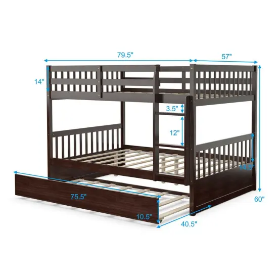 Wooden Full over Full Bunk Platform Wood Bed with Ladder and Trundle Perfect for Dorms Room Brown {5}