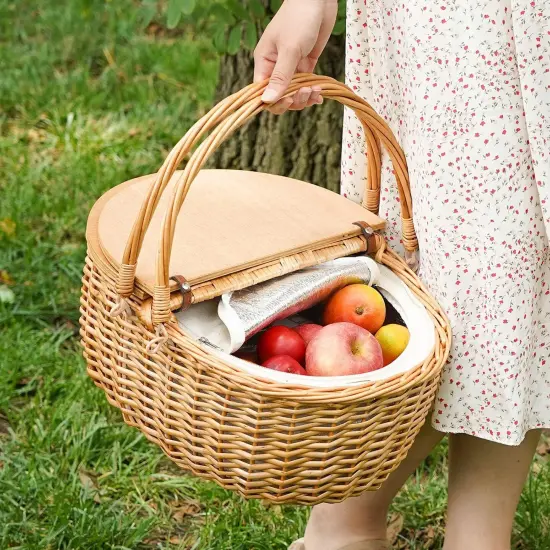 Wicker Picnic Basket with Cooler, Wooden Split Lid Picnic Basket, Vintage-Style Wicker Picnic Hamper with Folding Woven Handle {2}